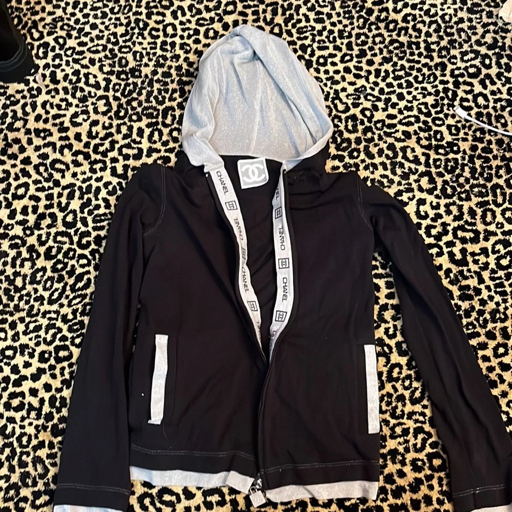 CHANEL | Tops | Chanel Silver And Black Zip Up Cardigan With